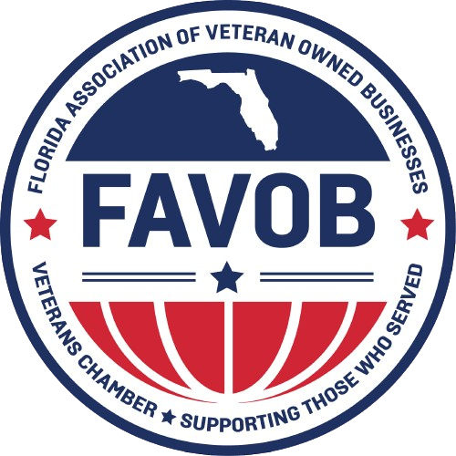 Circular logo for the Florida Association of Veteran Owned Businesses (FAVOB). The logo features an outline of Florida, with the organization's name, and patriotic red, white, and blue colors. The text includes 'Veterans Chamber Supporting Those Who Served'.