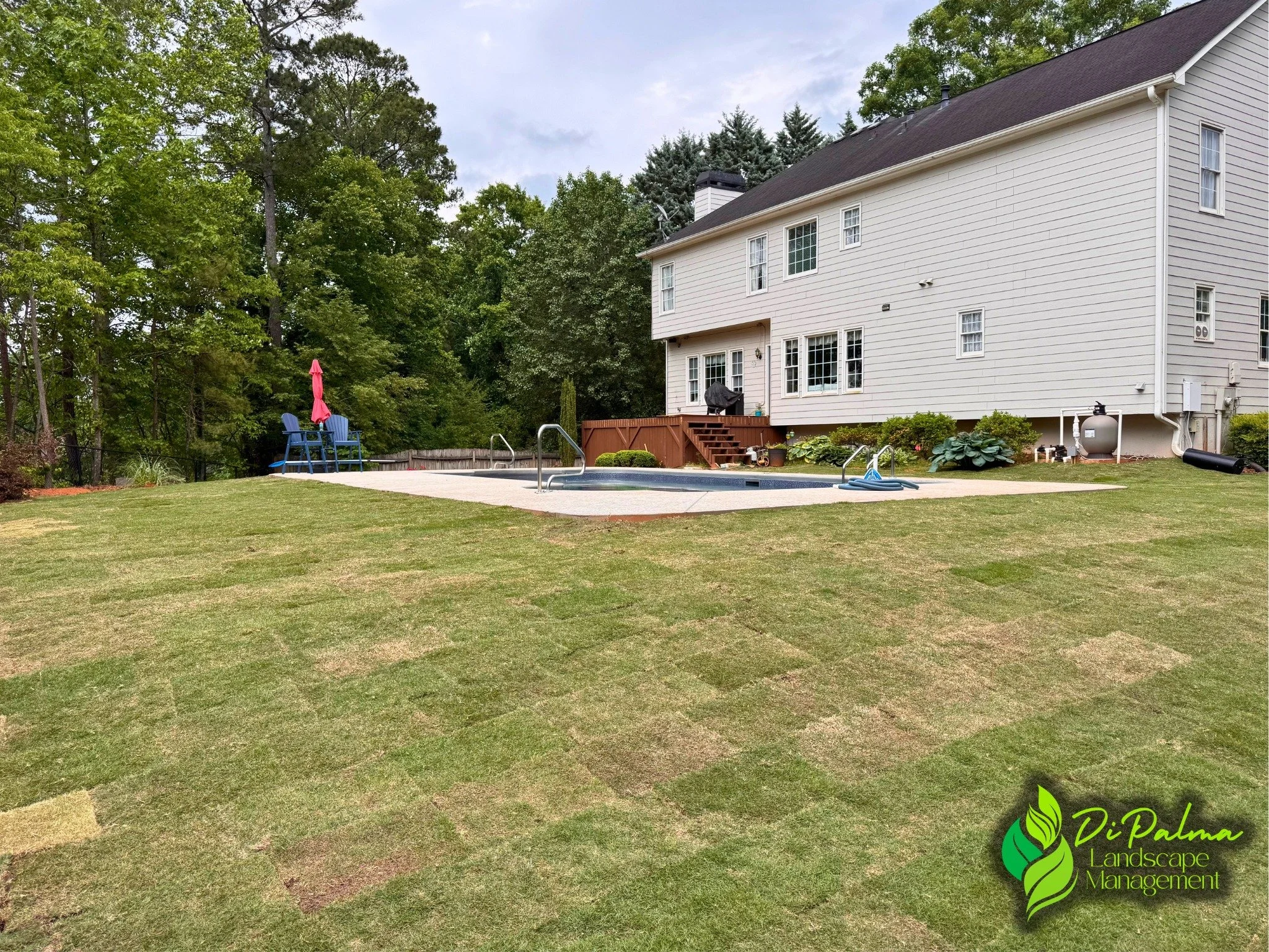 Turn your backyard into the perfect space to relax and enjoy this summer! ☀️🏡

After this customer recently had a pool installed, we brought in 25 yards of fill dirt and 8 yards of topsoil, regraded the backyard,  and installed 6 pallets of beautifu