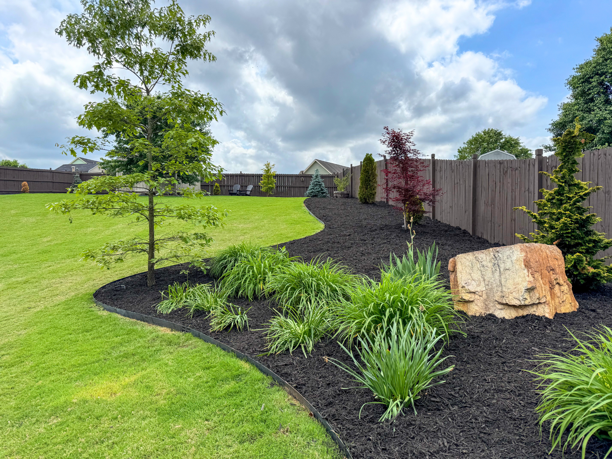 Professional backyard landscaping with black mulch, ornamental plants, and curved landscape edging at a residential property in Dallas, GA