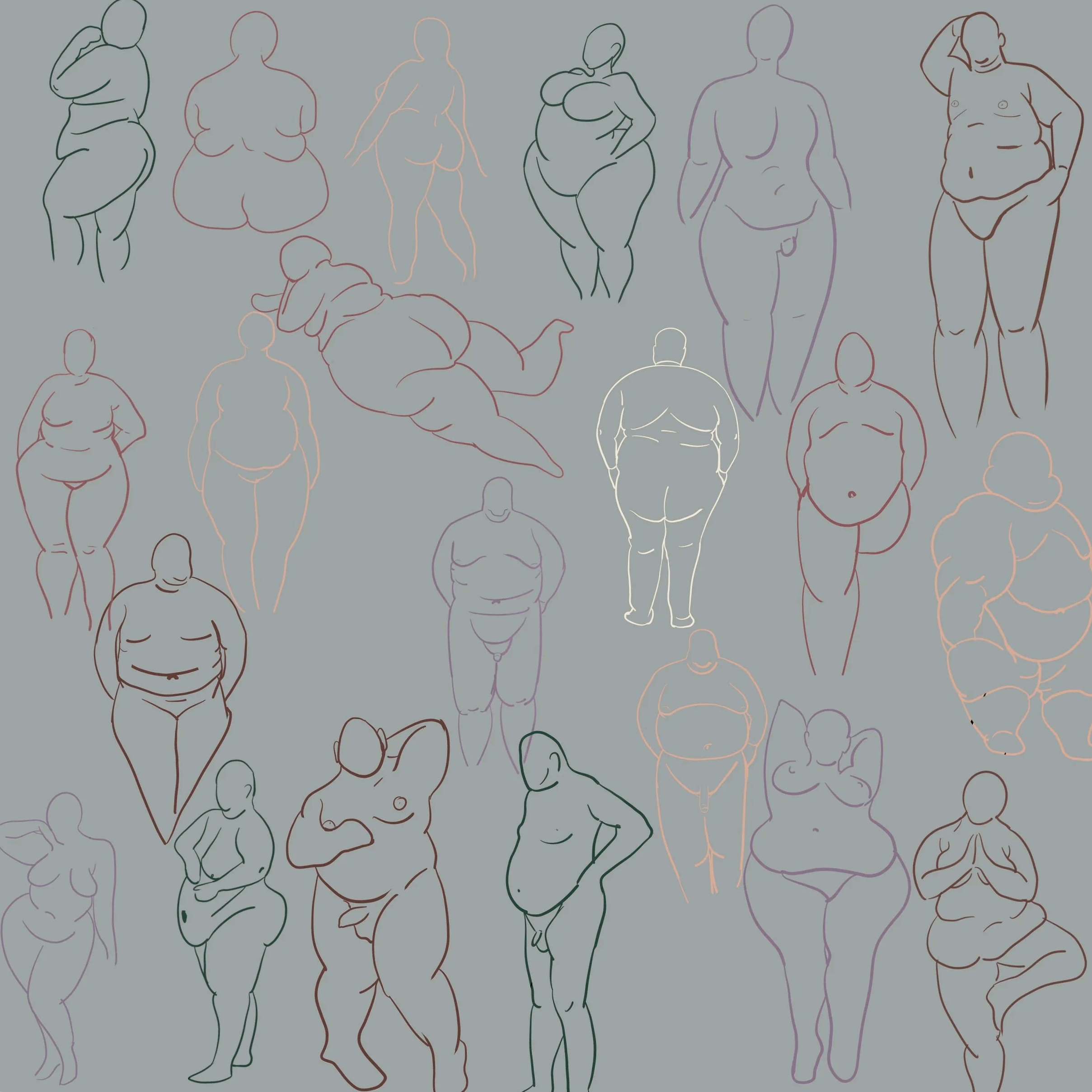 Gray background covered with several outlines of bodies from various angles and positions. The bodies are a variety of shapes, sizes, and genders.