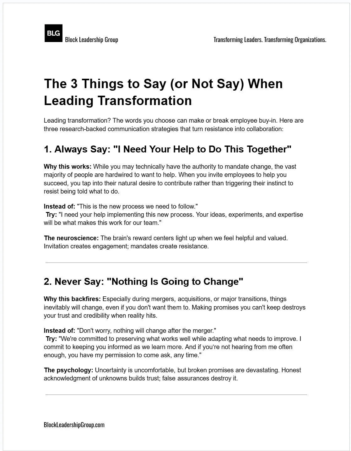 A file with 3 Things to Say (or Not Say) When Leading Transformation. Based on research by Jonathan Block, Dr. David Rock, Robyn Gobbel, Dr. John Kotter, and the Prosci Change Management Methodology.