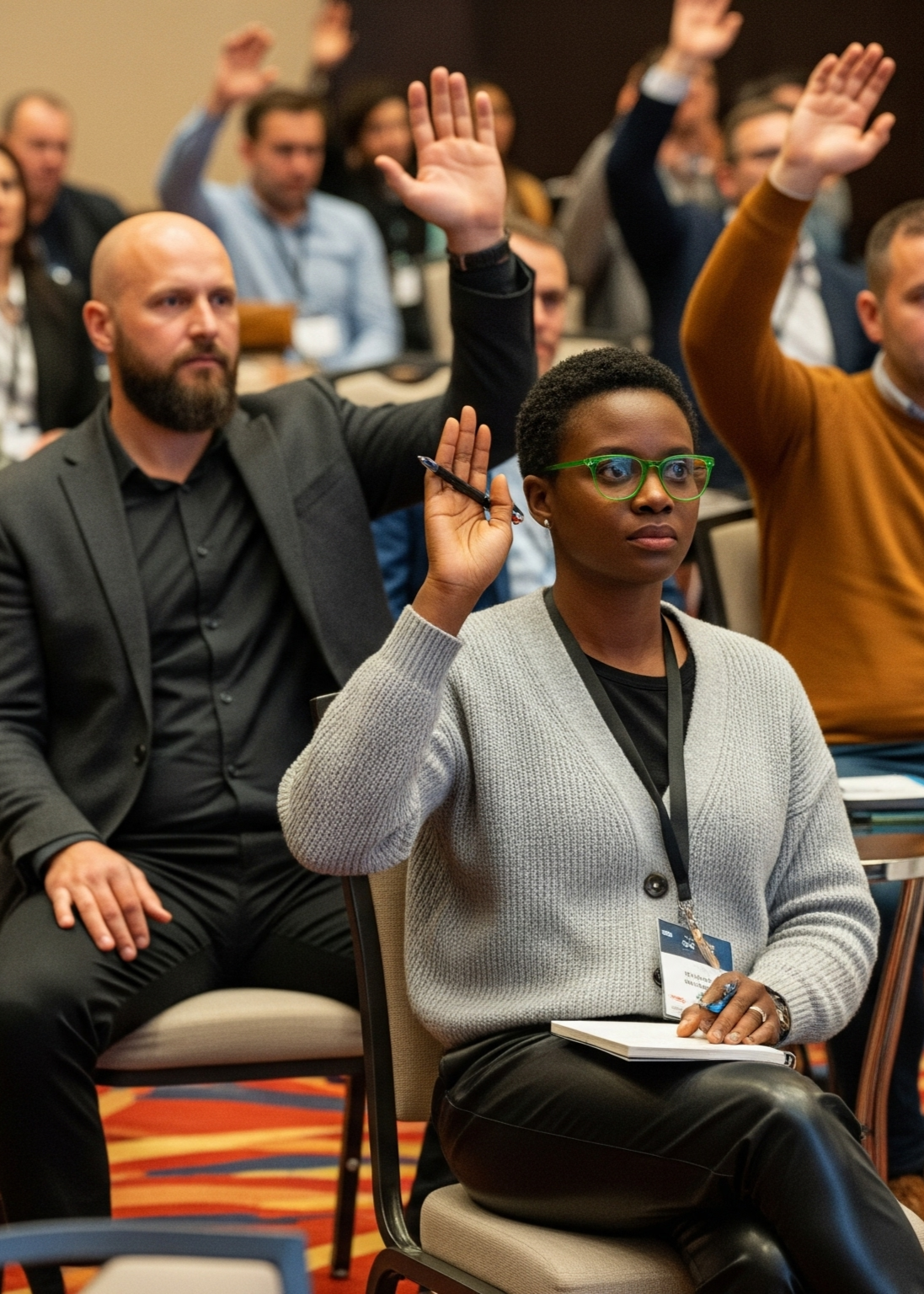 People attending a conference or meeting, with some raising their hands to ask a question or participate.
