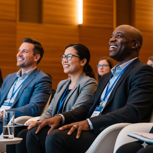 Three smiling business professionals sitting during a conference on Change Management, attentively listening.