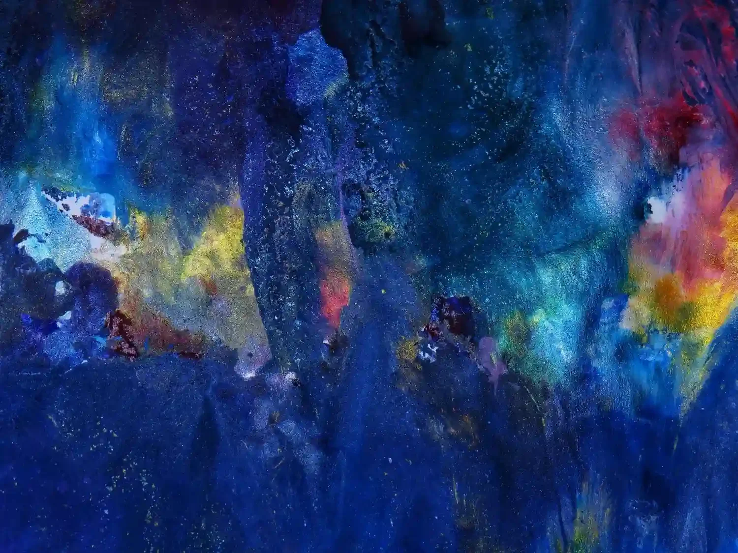 Abstract painting with a mixture of dark blue, green, yellow, red, pink, and purple colors, with a textured appearance and splashes of paint