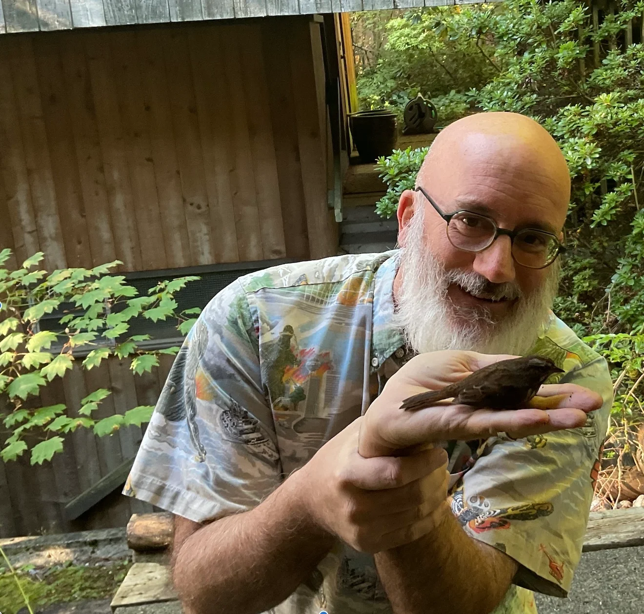 A bald man with glasses and a white beard holding a small bird on his hand, smiling, outdoors in a garden with green foliage and a wooden structure in the background.