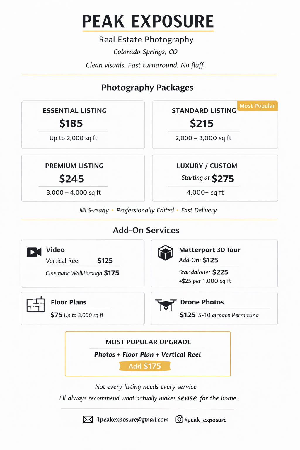 Real estate photography pricing packages for Colorado Springs agents, featuring HDR photos, Drone, and Matterport 3D Tour add-ons.