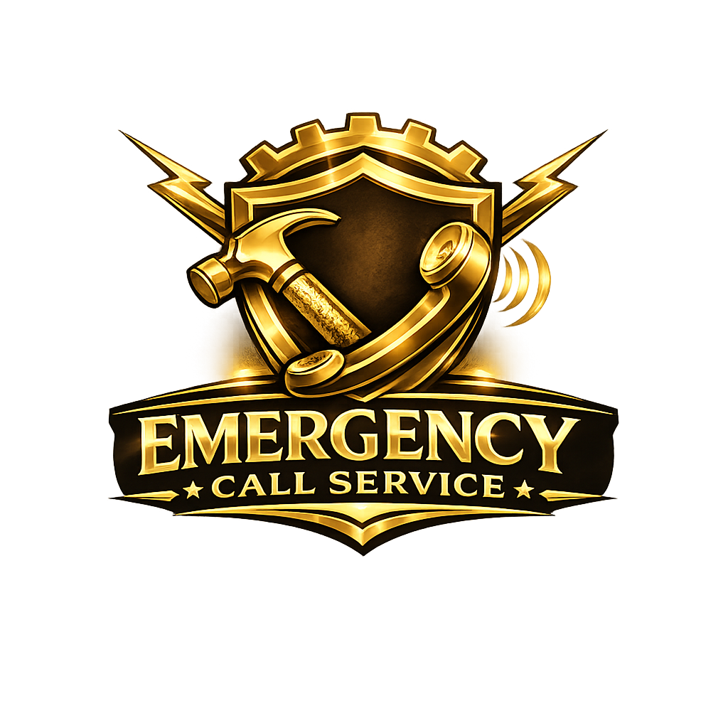 Gold emblem with a shield, hammer, and bolt, featuring the text "Emergency Call Service" in bold letters.