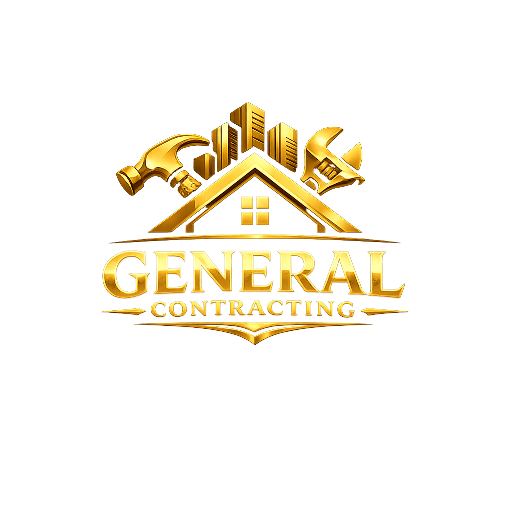Gold logo for General Contracting with a house roof, hammer, and city skyline above the company name.