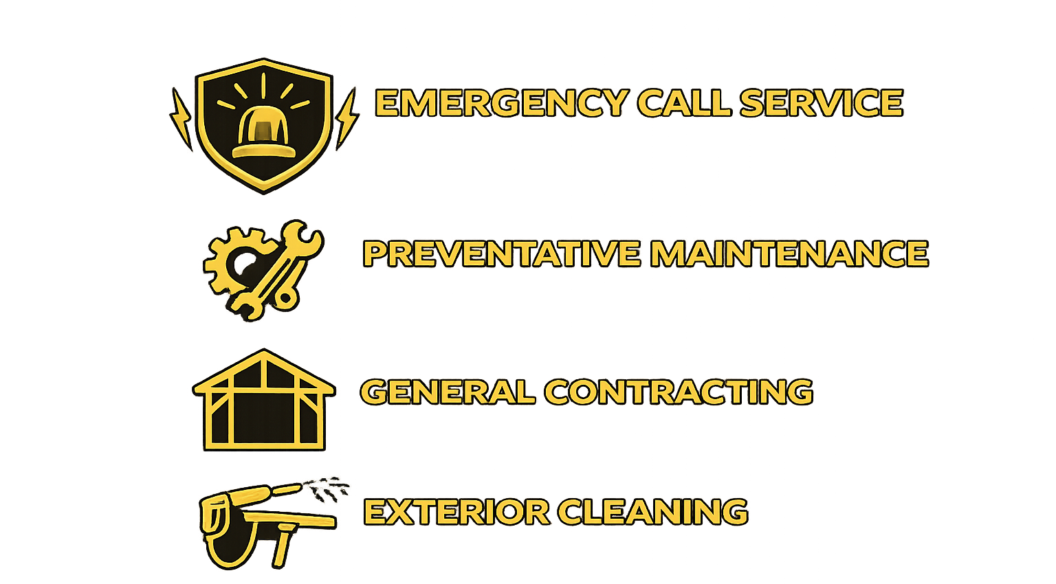 A graphic promoting various services including emergency call service, preventative maintenance, general contracting, exterior cleaning, with icons of a siren, tools, a house, and a spray gun.