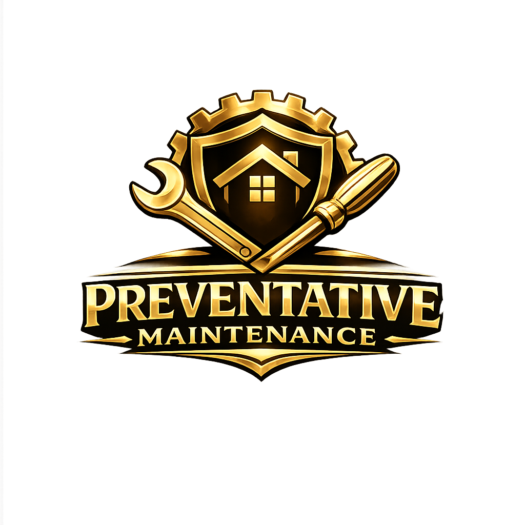 Gold-colored emblem with a shield, house icon, wrench, and screwdriver, with the words 'Preventative Maintenance' below.