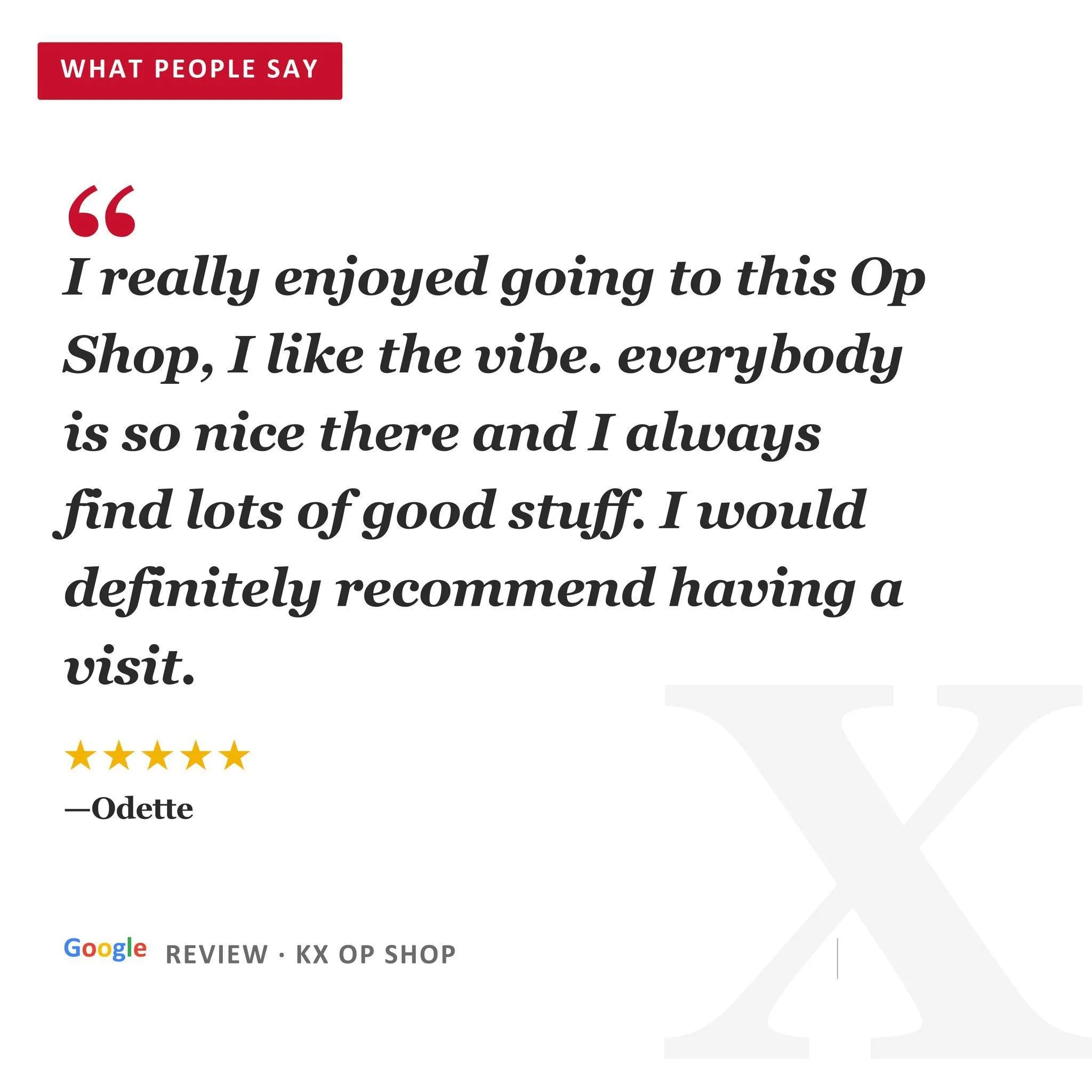 GOOGLE REVIEW - KX OP SHOP 🛍️💕 Thanks so much for the lovely feedback, Odette! We're thrilled to hear that you had a great experience at our Op Shop! 🙌 

Our team works hard to provide the best selection of second-hand items at affordable prices, 