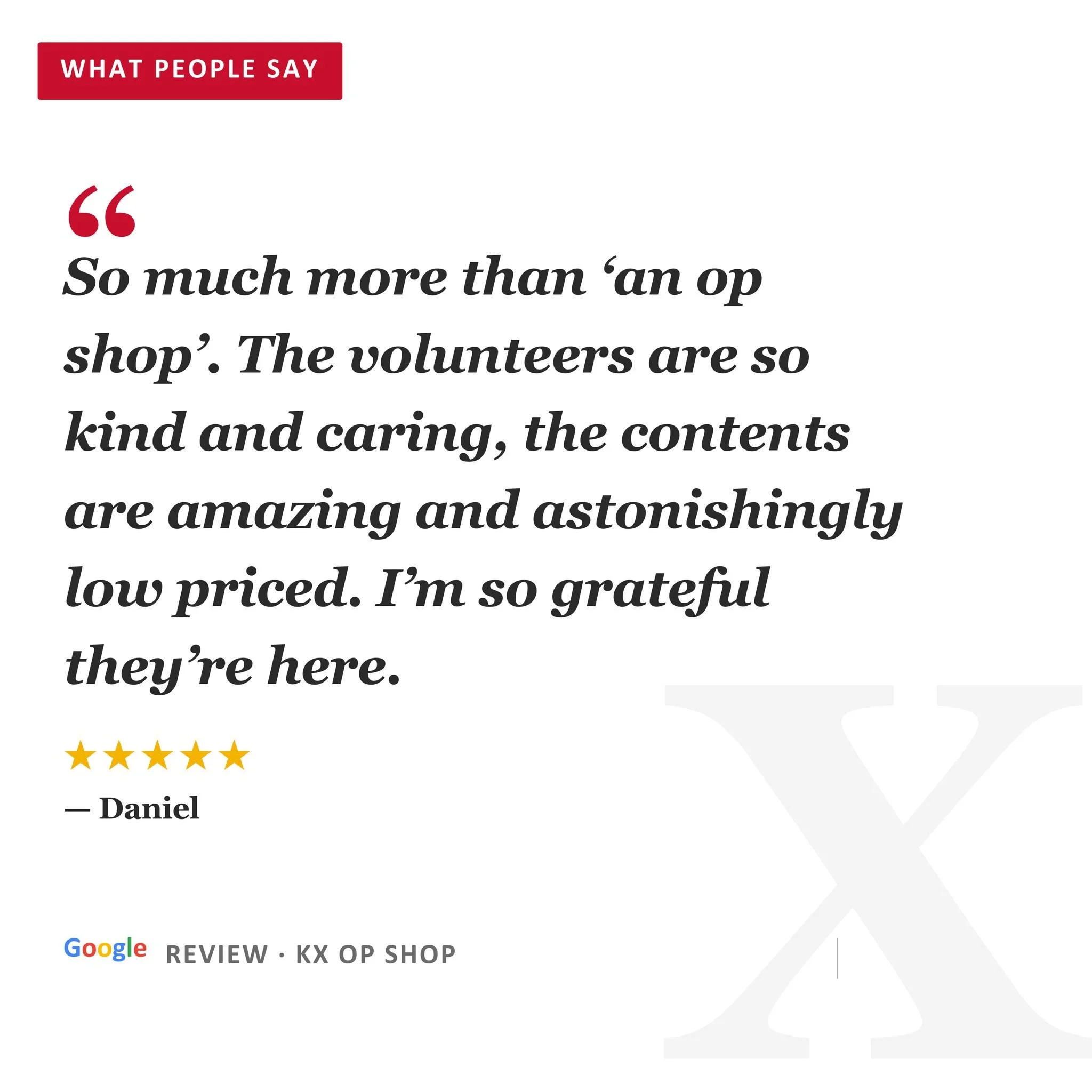We love a positive review! Check out our Google Profile to read Daniel's lovely feedback. Thank you Daniel, your joy means a lot to us at KXCC Op Shop.