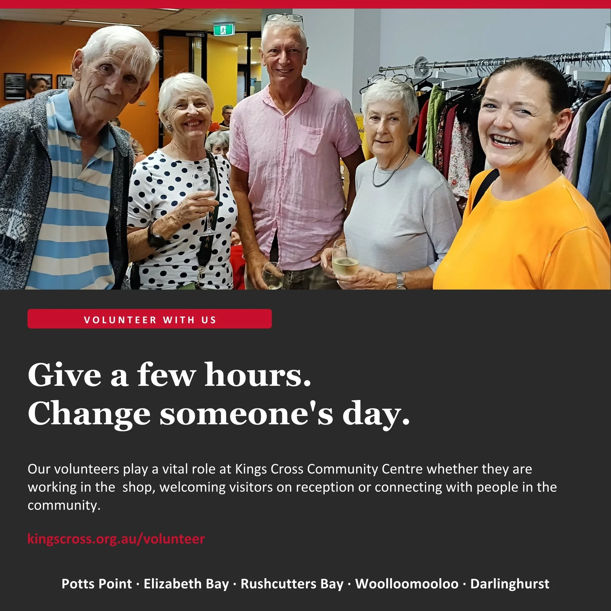 VOLUNTEER WITH US

Give a few hours.
Change someone's day.

Our volunteers play a vital role at Kings Cross Community Centre whether they are  working in the  shop, welcoming visitors on reception or connecting with people in the community.

See our 