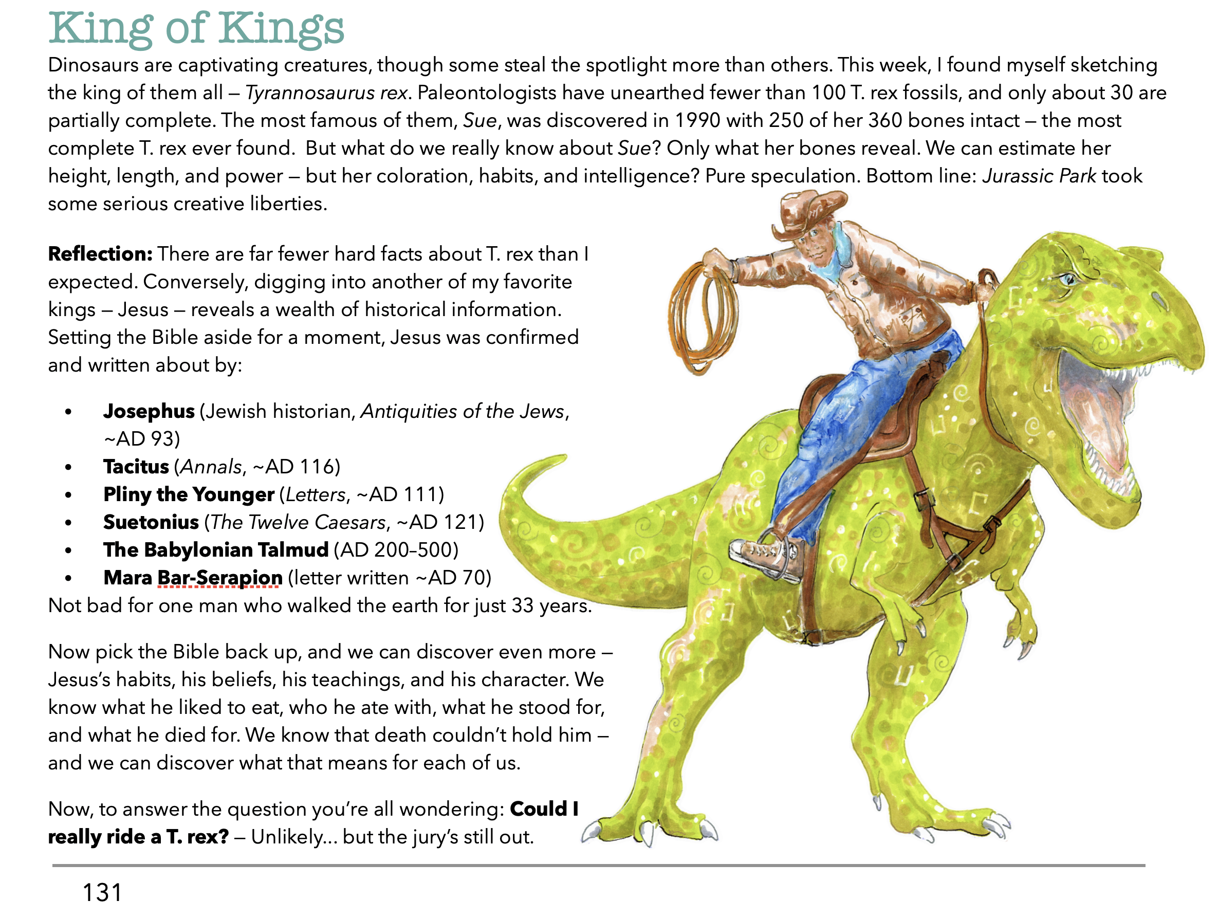 A cartoon illustration of a man dressed as a cowboy riding a large, green dinosaur, which is depicted with an open mouth showing teeth. The man is holding a lasso in his right hand and appears to be smiling.