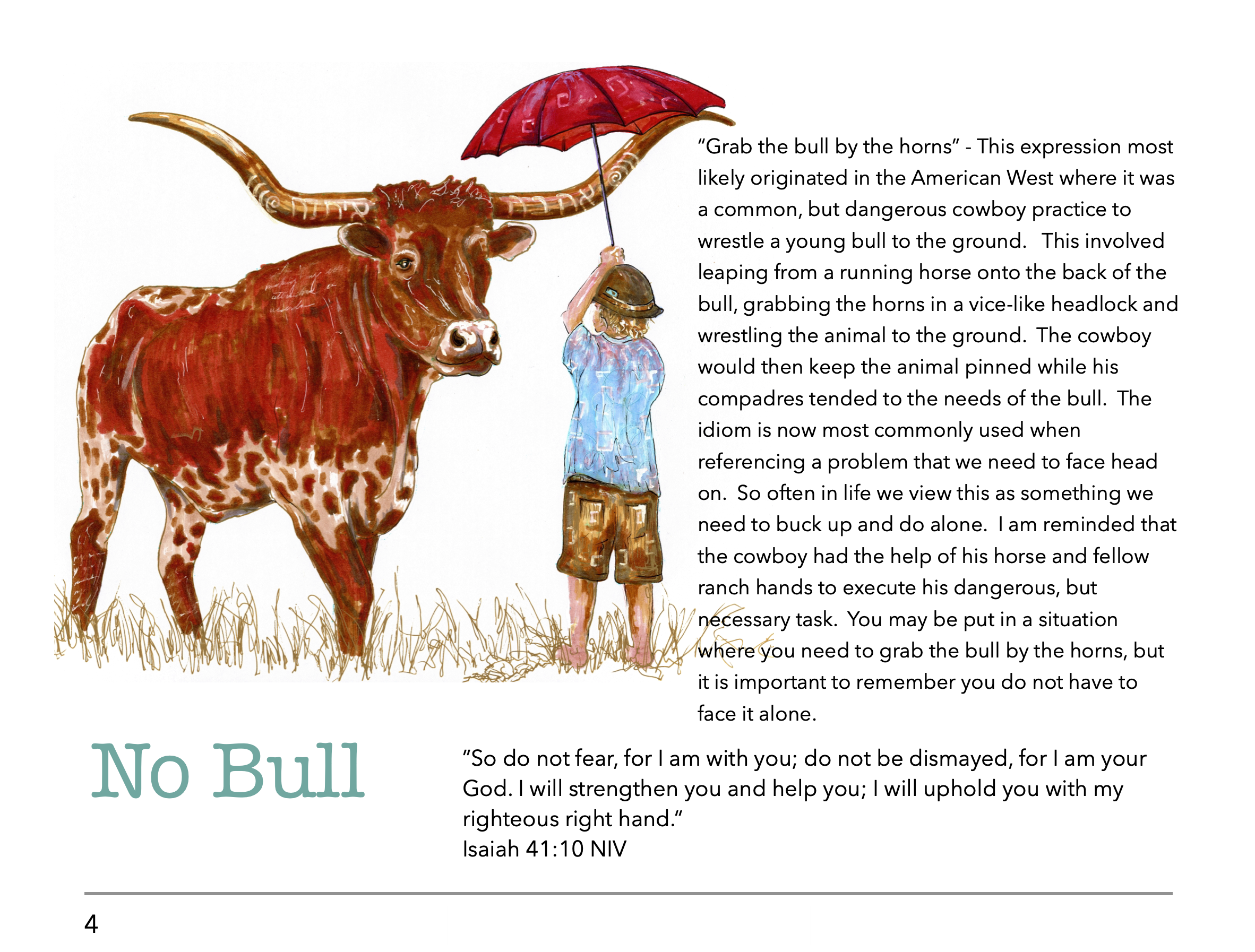 Illustration of a cowboy with a helmet and shorts holding a red umbrella over a large bull with prominent horns. The image contains a biblical quote and explanation about the phrase 'Grab the bull by the horns,' emphasizing safety and teamwork.