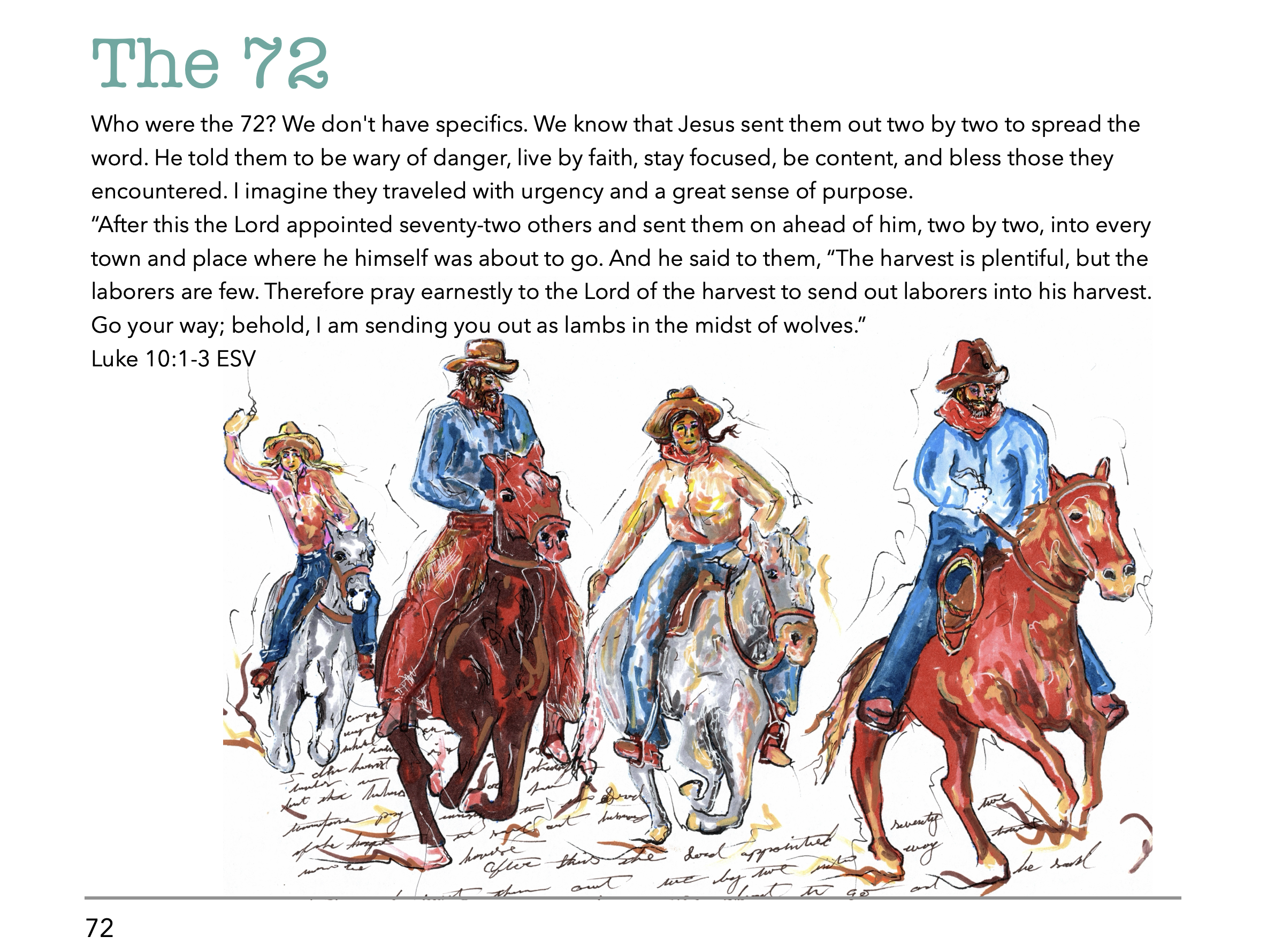 Illustration of four cowboys riding horses, dressed in colorful attire, with the text discussing the biblical story of the 72 sent out by Jesus from Luke 10:1-3.