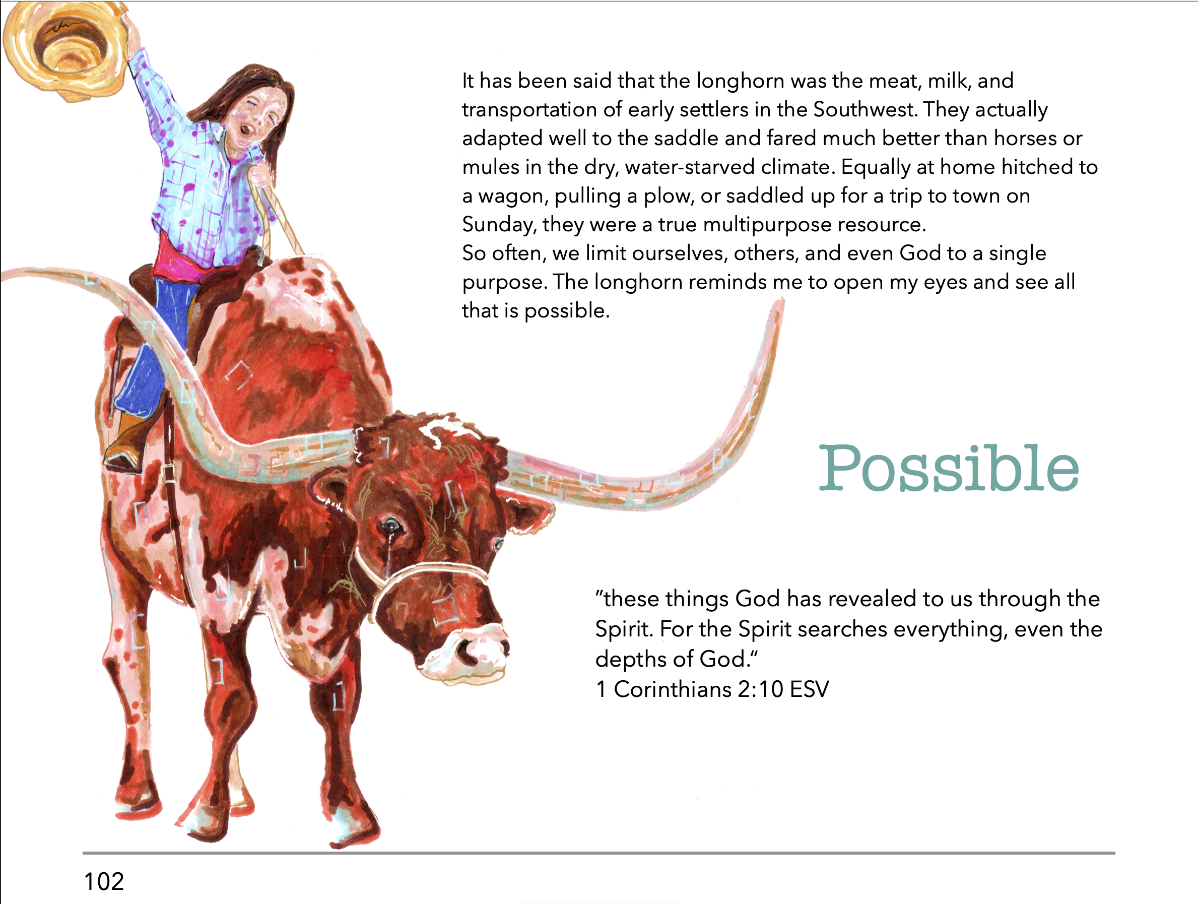 A woman riding a large red longhorn steer, holding a cowboy hat, with a sermon about longhorns and their significance in history, and a Bible verse from 1 Corinthians 2:10.