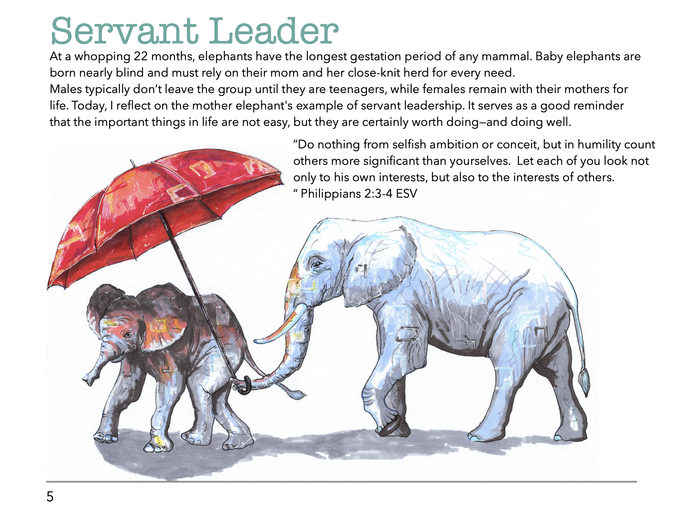 Illustration of a mother elephant and her calf, with the calf holding a red umbrella, accompanied by an inspirational quote about servant leadership.