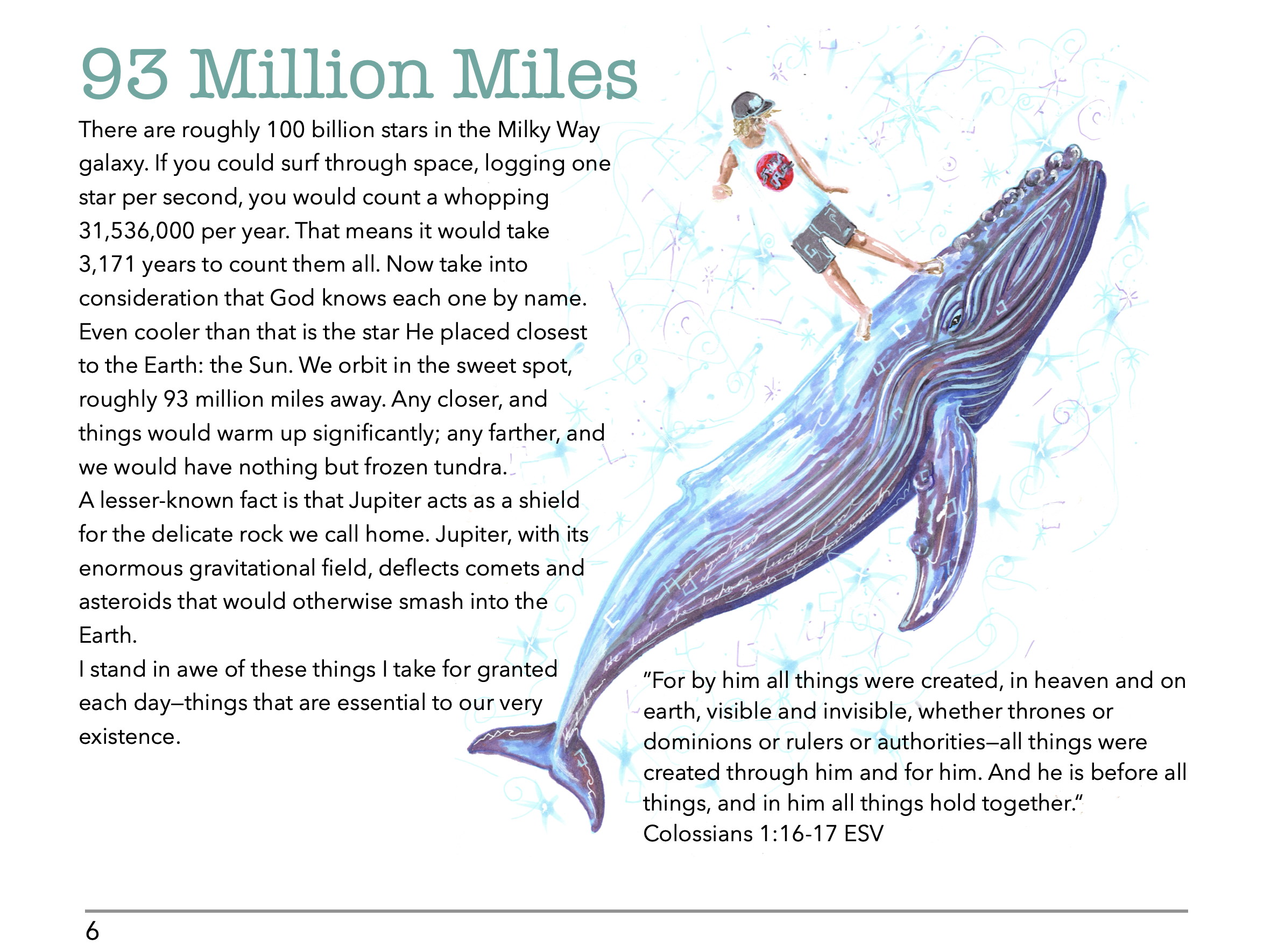 Illustration of a boy wearing a cap and casual clothes riding on the back of a large whale, surrounded by artistic star and wave patterns, with a text layout discussing stars, planets, and the universe.