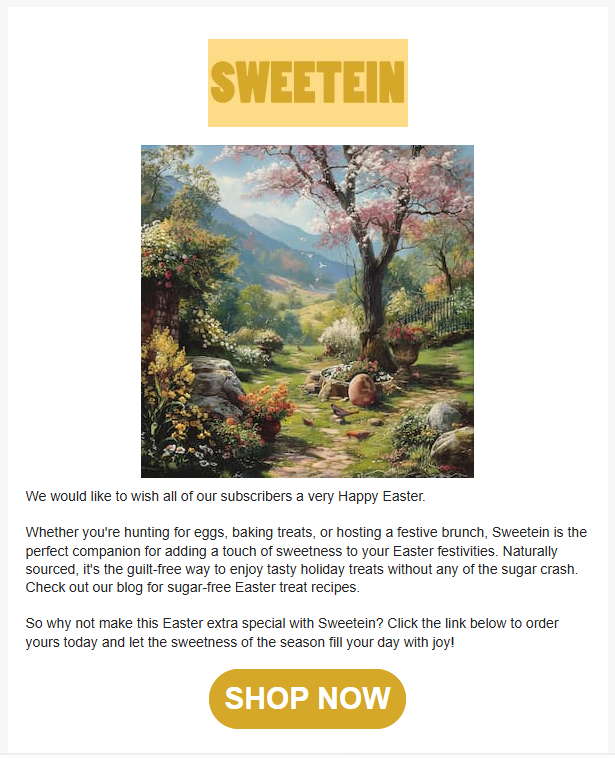 An Easter greeting email from Sweetein with a tranquil landscape painting of a garden featuring blooming trees, flowers, and rolling hills in the background.