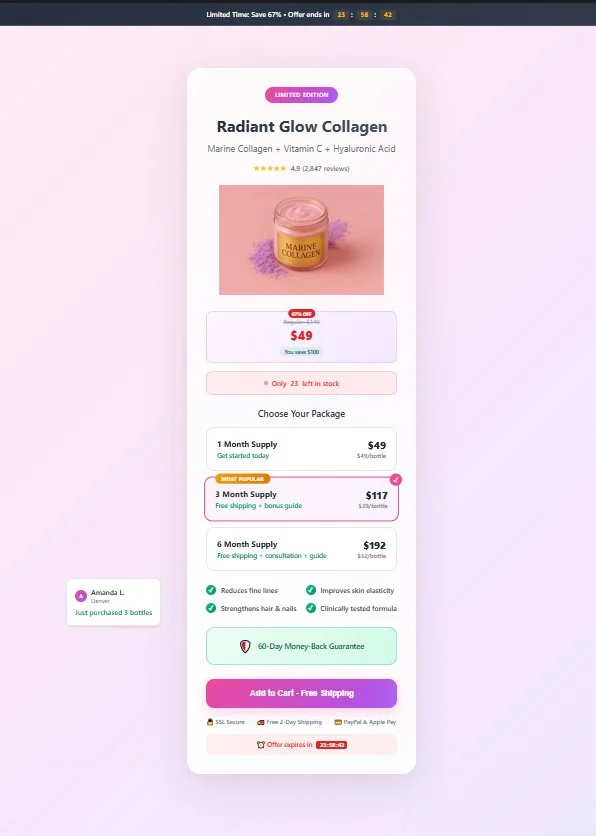 Product page for Radiant Glow Collagen with Marine Collagen, Vitamin C, and Hyaluronic Acid, priced at $49, offering options for 1, 3, or 6 months supply, with free shipping and a 60-day money-back guarantee.