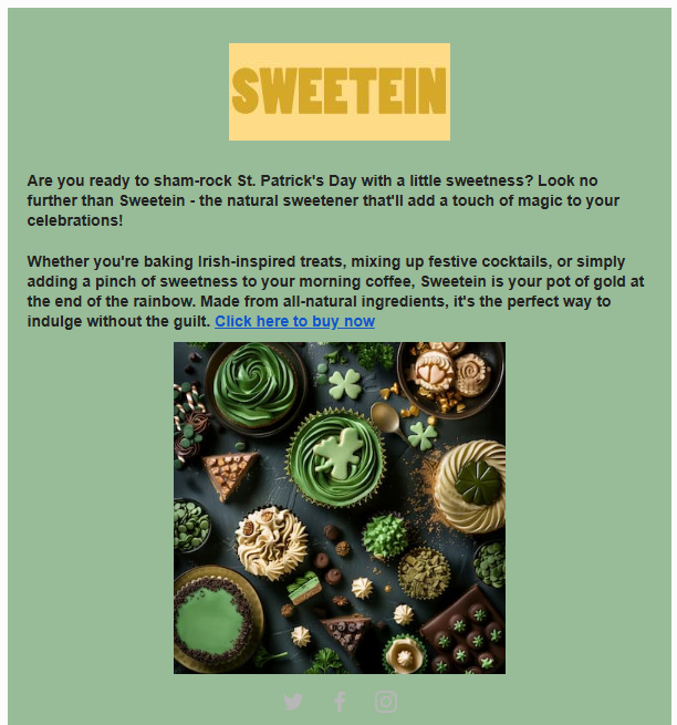 Display of various Irish-inspired treats, baked goods, and festive decorations on a dark surface.