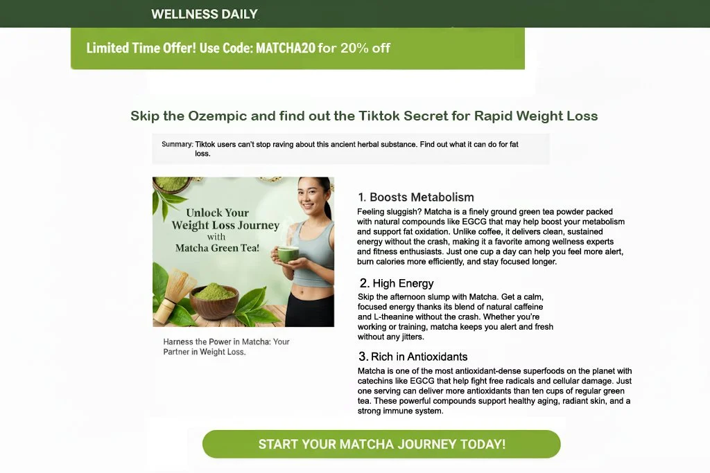 Advertisement for Matcha green tea promoting weight loss benefits, with a woman holding a cup of matcha, and text highlighting its metabolism-boosting, energy, and antioxidant properties.