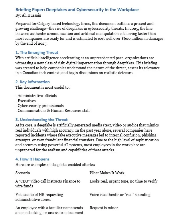Screenshot of a document titled "Briefing Paper: Deepfakes and Cybersecurity in the Workplace" by Ali Hussain. The document discusses the rise of deepfakes, the emerging threat, key information, understanding the threat, and how deepfakes happen, including examples of attacks and how they work.