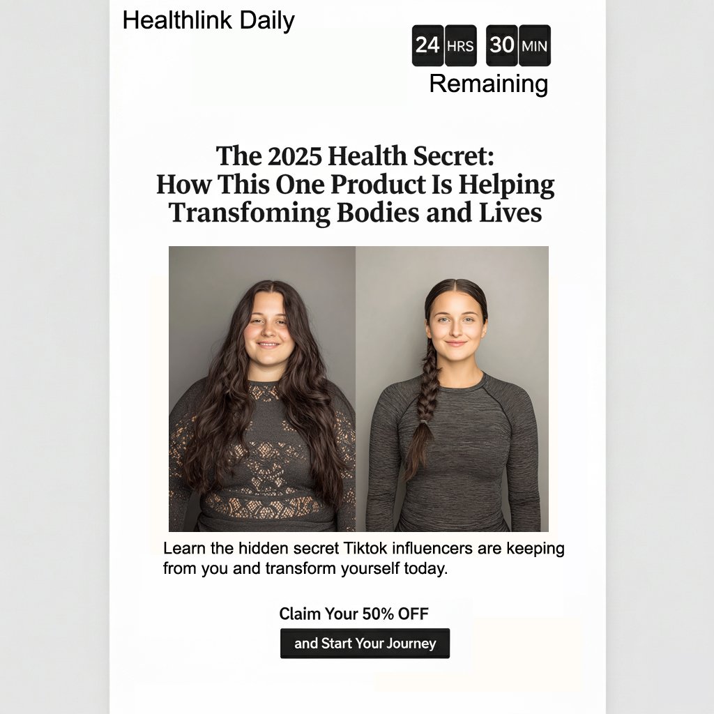 A promotional landing page for Healthlink Daily titled 'The 2025 Health Secret: How This One Product Is Helping Transforming Bodies and Lives.' It features two photos of women, one with long wavy dark hair and the other with long braided dark hair, both smiling. The page offers a 50% discount and a call-to-action button labeled 'and Start Your Journey.' There is a timer at the top indicating 24 hours and 30 minutes remaining.