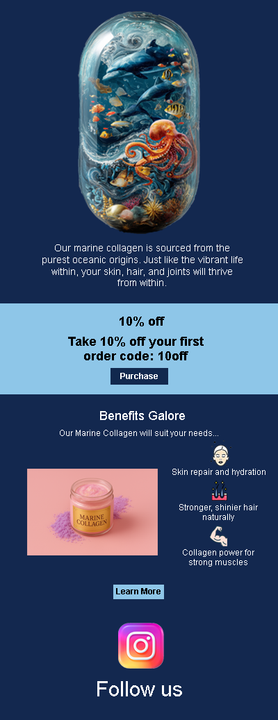 A promotional graphic for marine collagen supplement featuring an image of an underwater scene with fish, dolphins, an octopus, and various sea creatures enclosed in a glass jar, with text about the product's benefits and a discount offer.