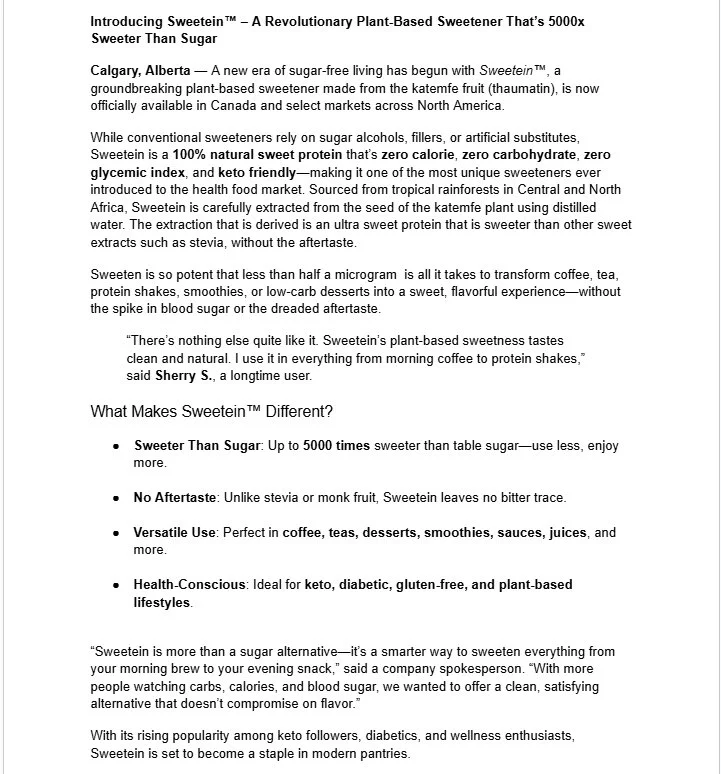 Text describing Sweetein plant-based sweetener, its benefits, and uses, including being sugar-free, zero glycemic index, keto-friendly, and versatile for coffee, teas, desserts, and health-conscious diets.