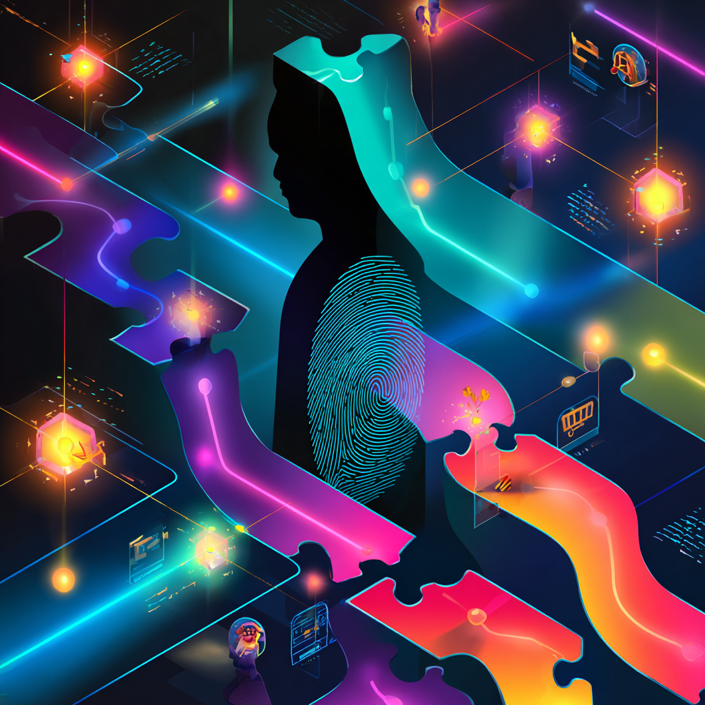 A digital illustration of a woman’s profile with a fingerprint on her shoulder, surrounded by colorful interconnected puzzle pieces and floating digital icons representing technology and security.