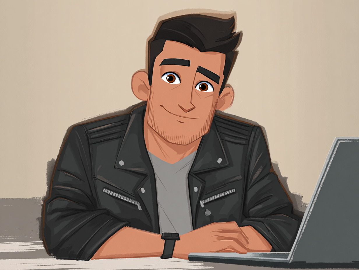 Animated illustration of a young man with dark hair, wearing a black leather jacket, sitting at a table with a laptop, smiling.