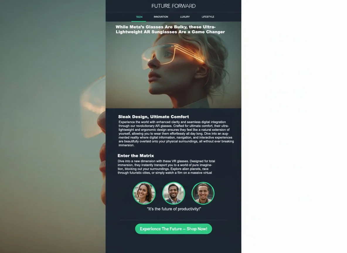 Promotional webpage for ultra-lightweight AR sunglasses featuring a woman wearing glasses, with sections titled 'While Meta's Glasses Are Bulky, these Ultra-Lightweight AR Sunglasses Are a Game Changer' and 'Sleek Design, Ultimate Comfort.' Includes images of smiling people and a call-to-action button that says 'Experience The Future — Shop Now!'