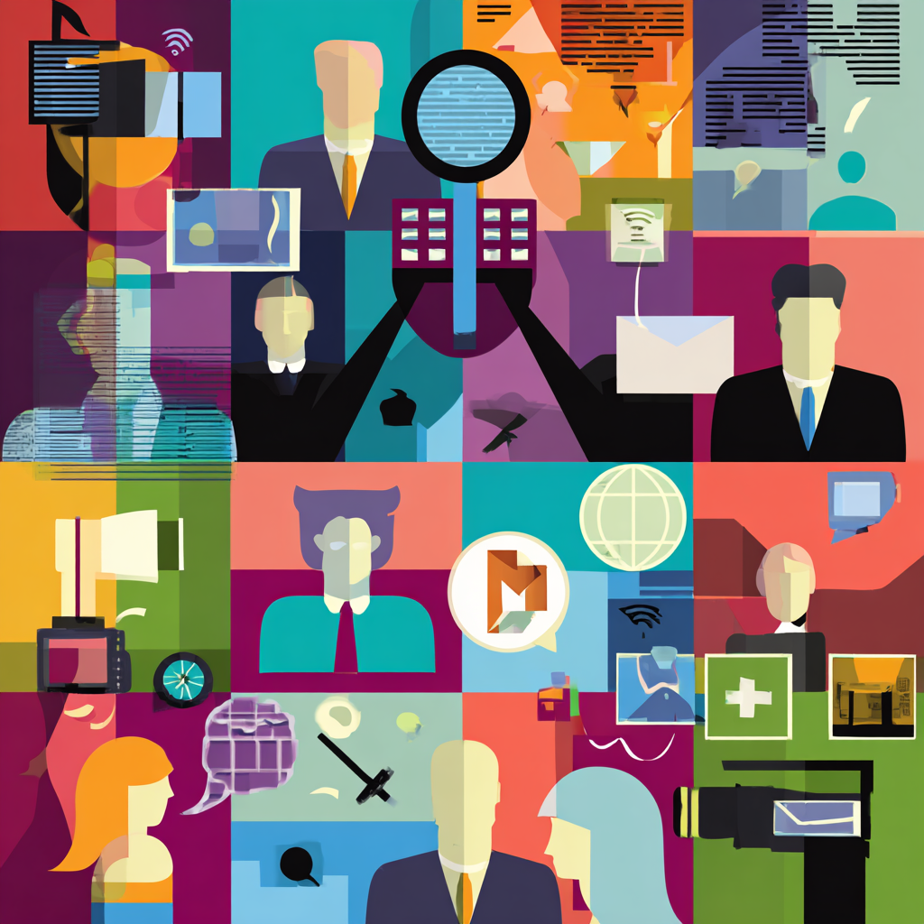 A digital illustration featuring various people with abstract facial features engaged with technology, communication tools, and data symbols, representing themes of digital communication, technology, and connectivity.