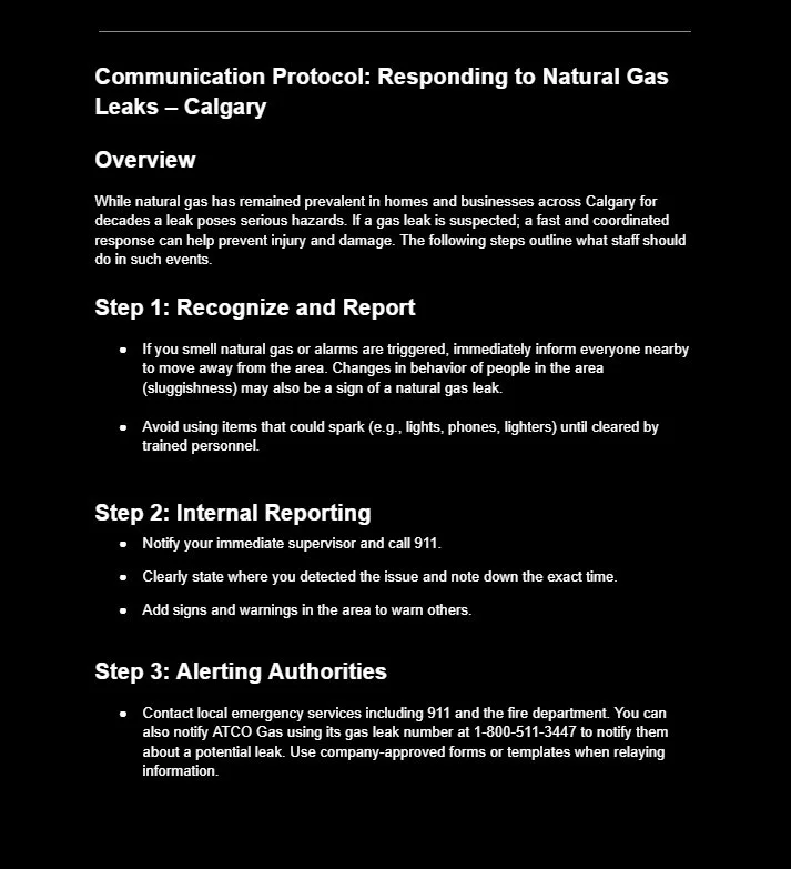 Document titled 'Communication Protocol: Responding to Natural Gas Leaks - Calgary' outlining steps for recognizing, reporting, and alerting authorities about natural gas leaks.