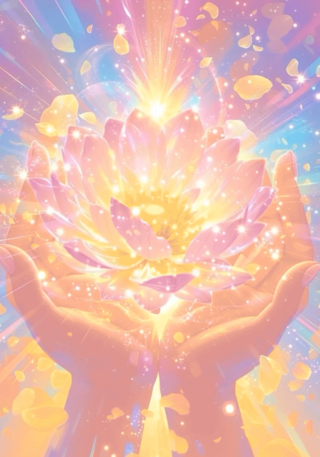 A glowing lotus flower with pink and yellow petals held by mystical hands, surrounded by sparkling lights and ethereal energy in a colorful, magical setting - mayan curandero lineage - renée landers