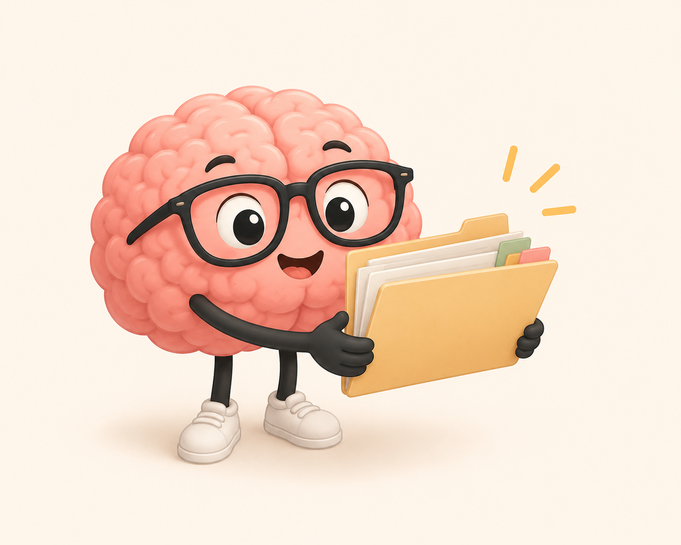 A cartoon brain character wearing glasses, white shoes, and black gloves, holding a yellow file folder with papers, appearing happy and excited.