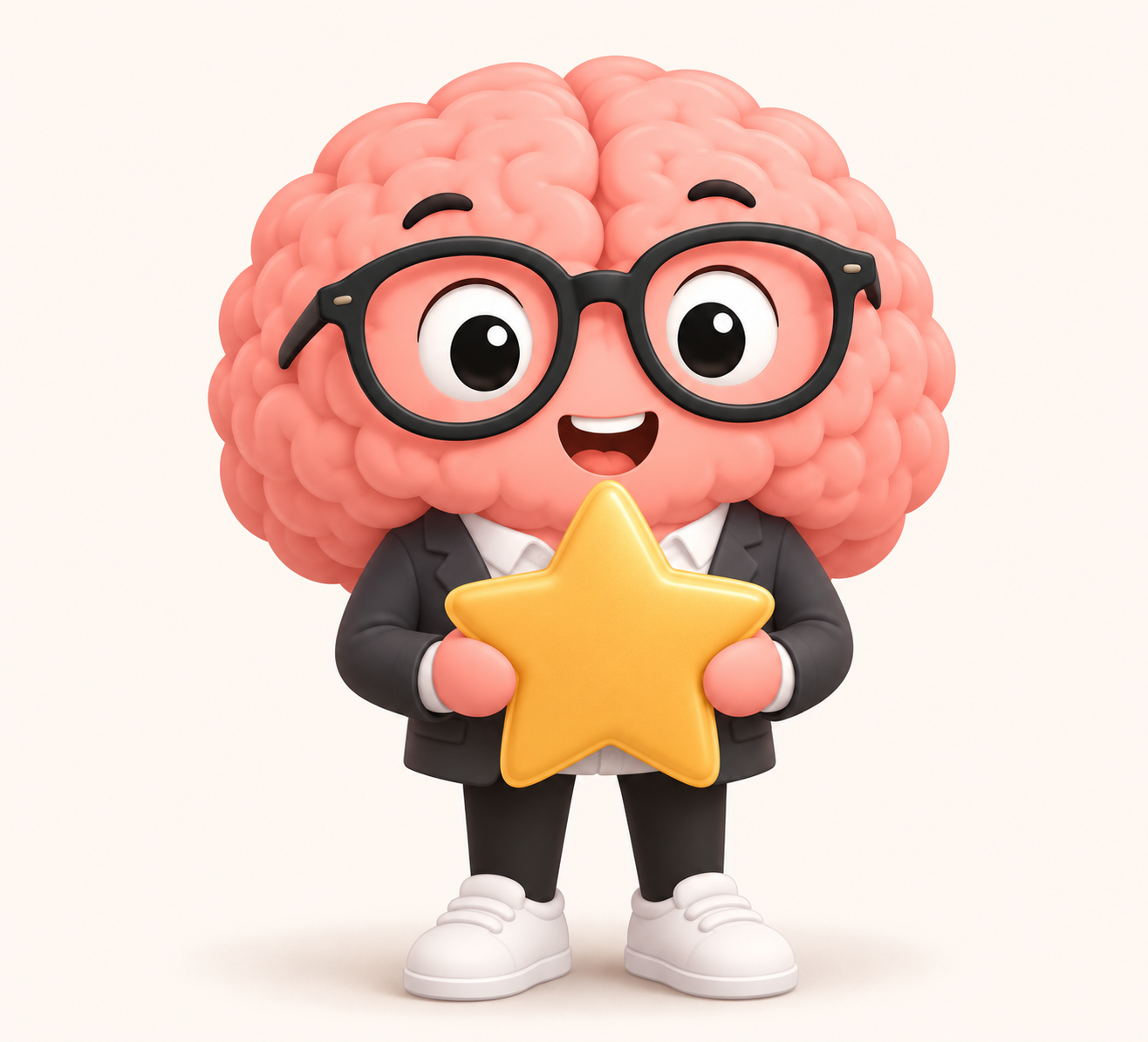 Animated cartoon brain character with glasses, a suit, white shoes, holding a gold star, smiling on a plain white background.