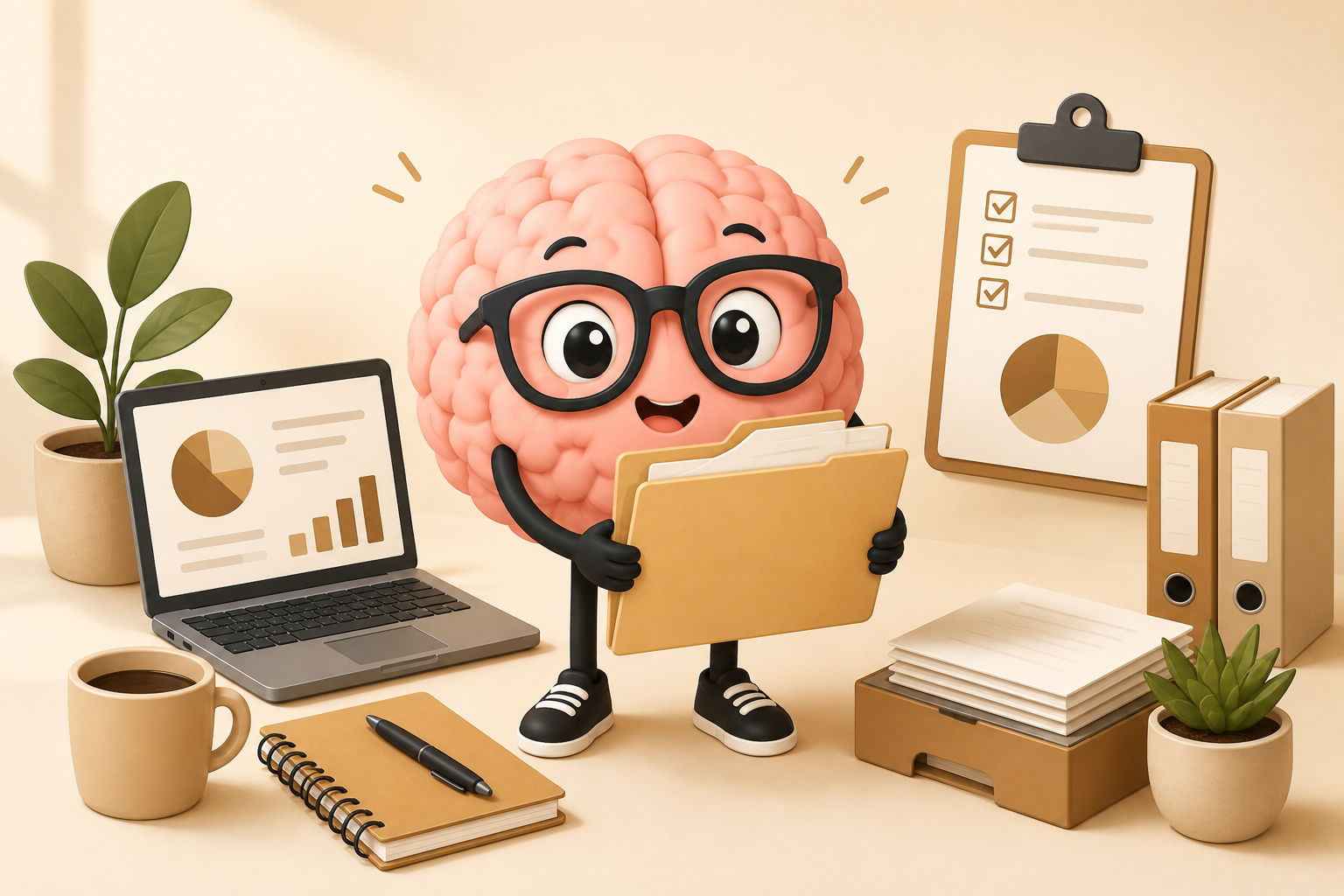 A cartoon brain character wearing glasses and sneakers, holding a folder, in an office setting with a laptop, plants, notebooks, a coffee mug, and files.