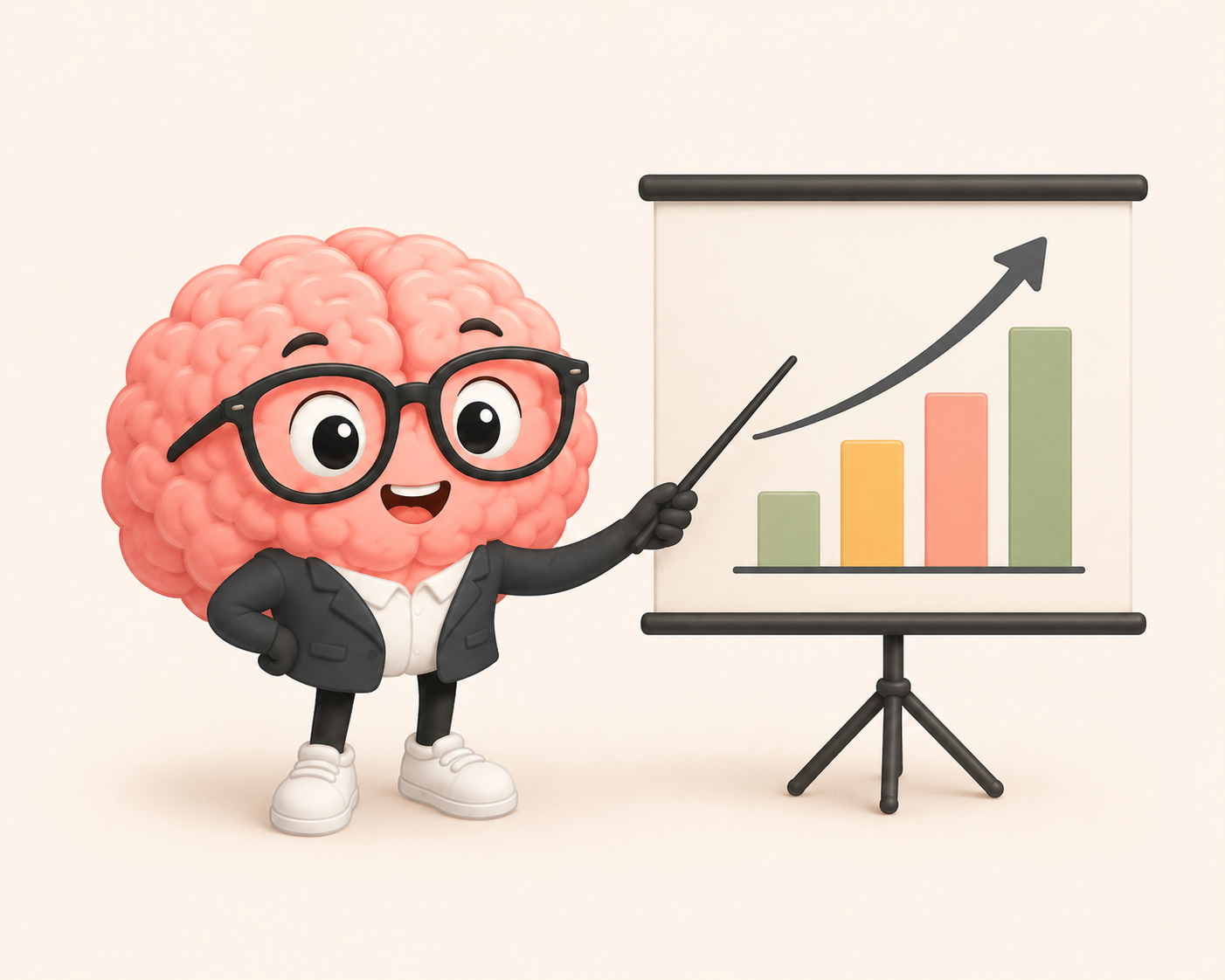 A cartoon brain character wearing glasses, a suit, and sneakers, pointing at a chart with a rising bar graph and arrow.