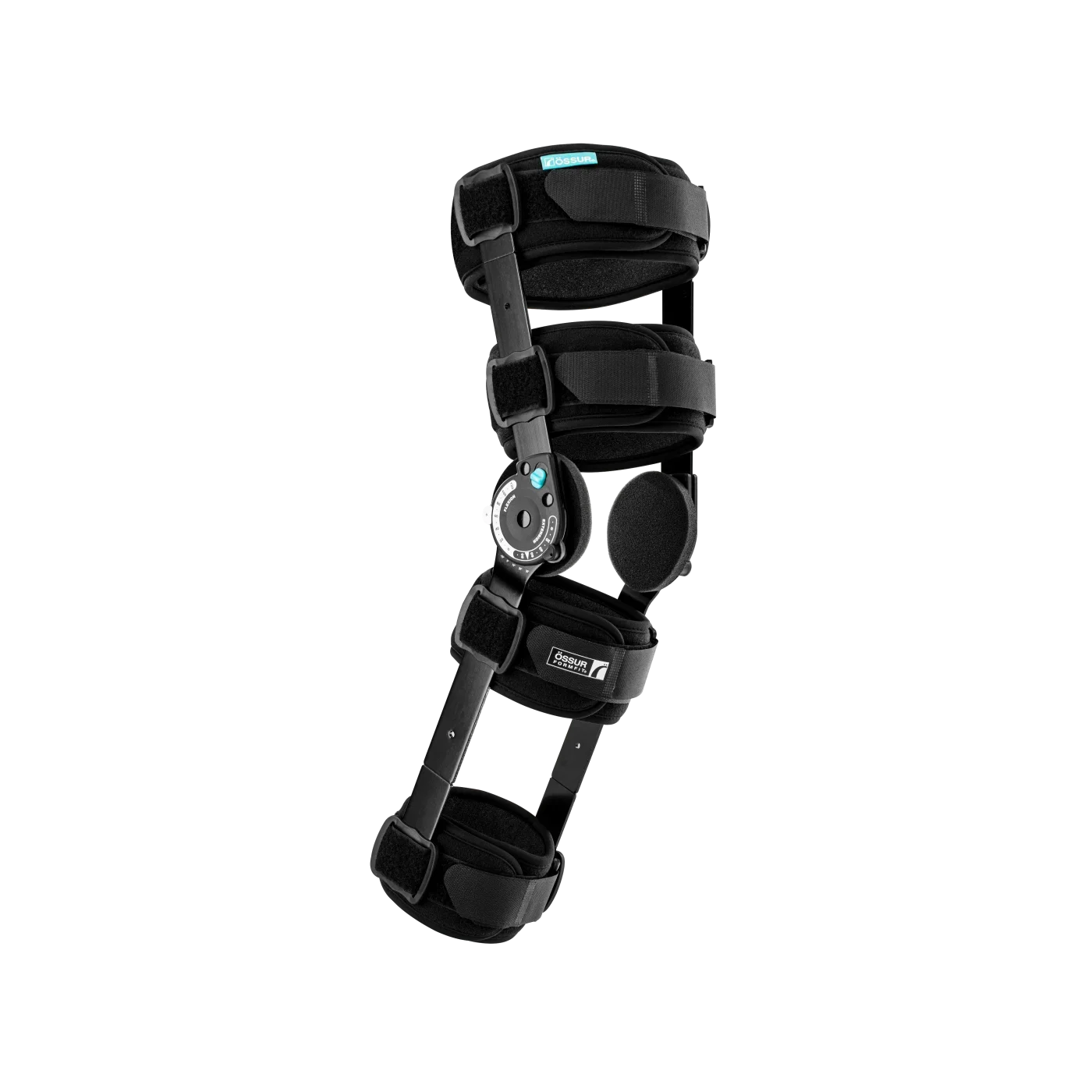A black and adjustable knee brace with padded straps, buckles, and a circular hinge mechanism for support.
