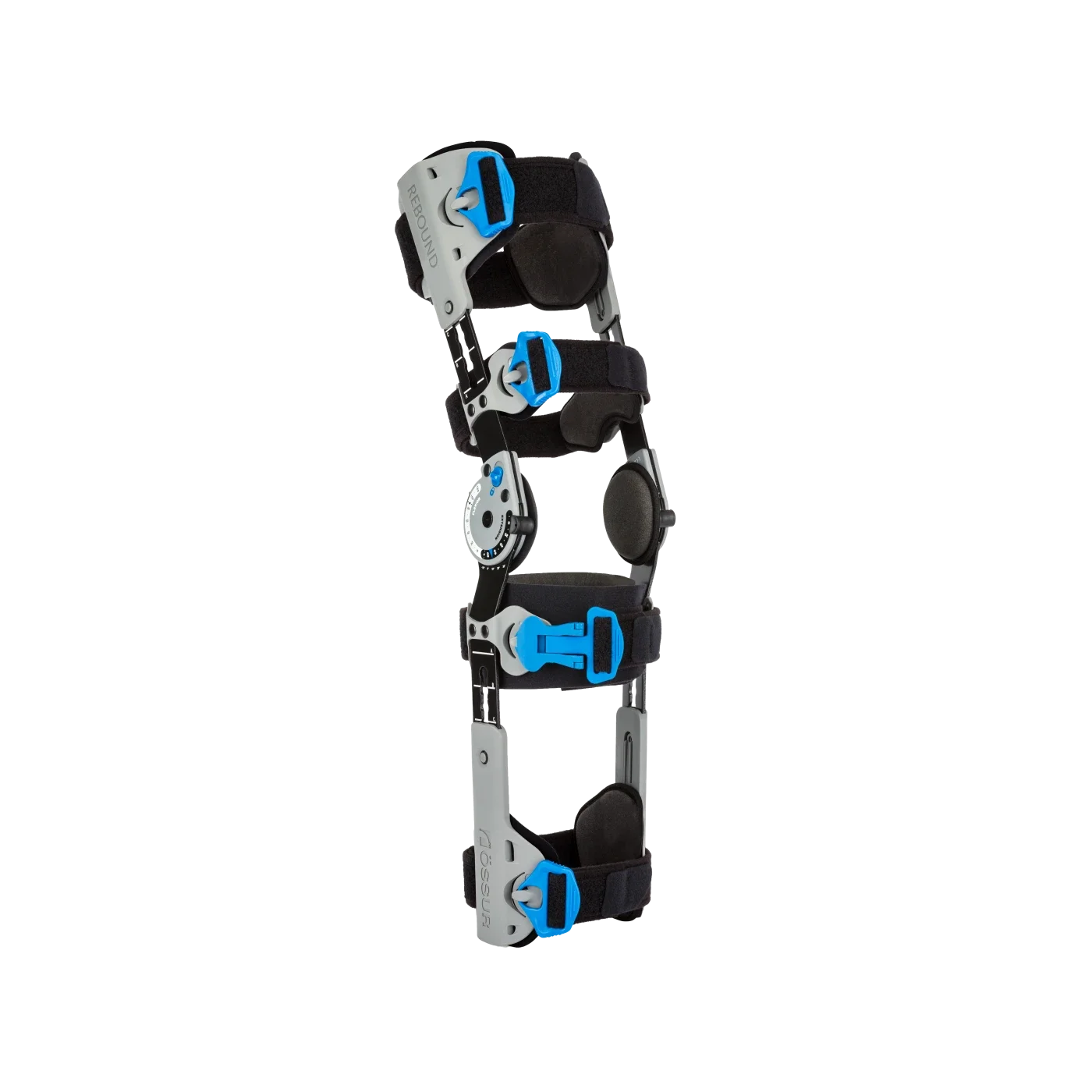 A black and adjustable knee brace with padded straps, buckles, and a circular hinge mechanism for support.