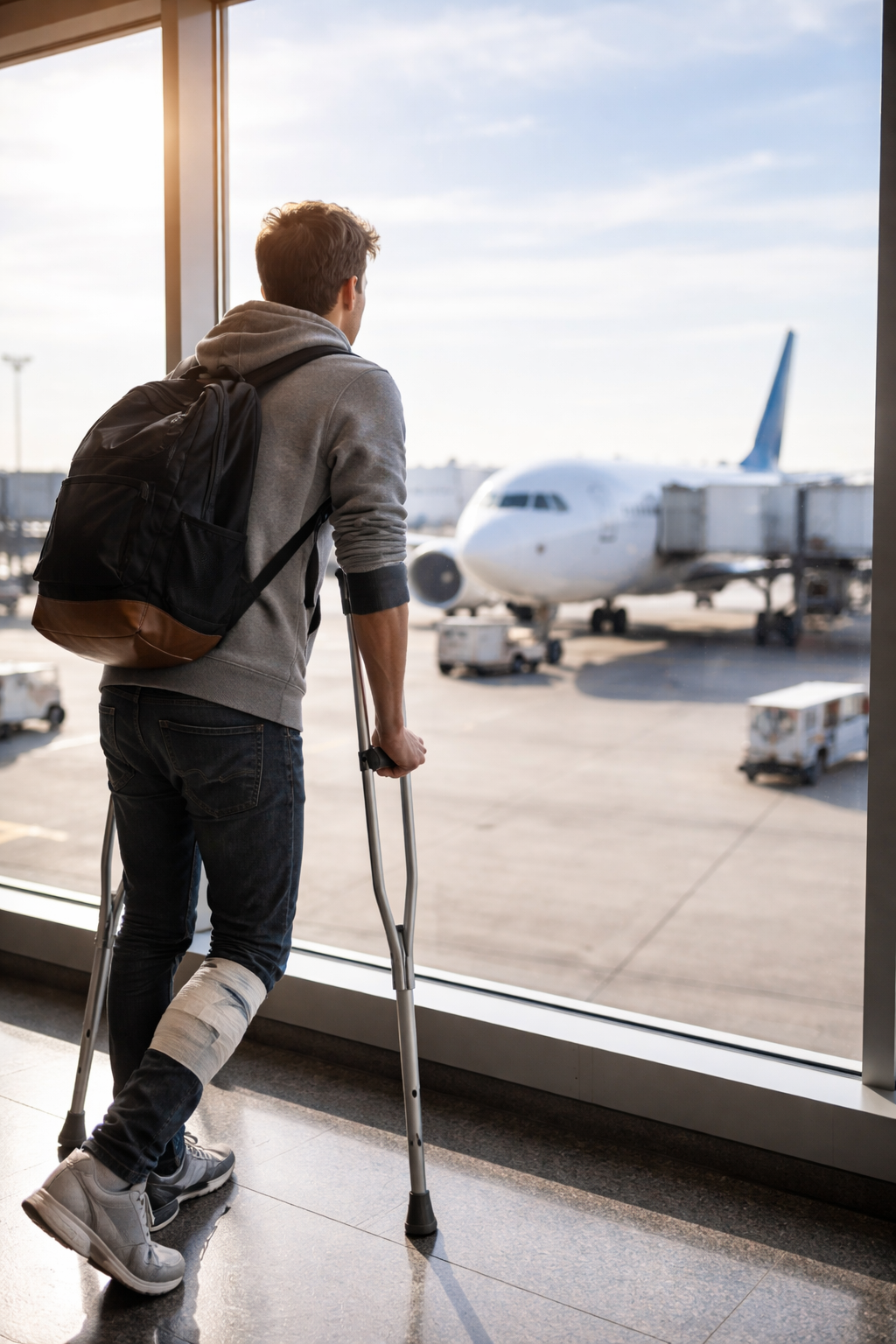 Injured traveller on crutches looking out an airport window at an airplane while managing travel insurance and physiotherapy care overseas