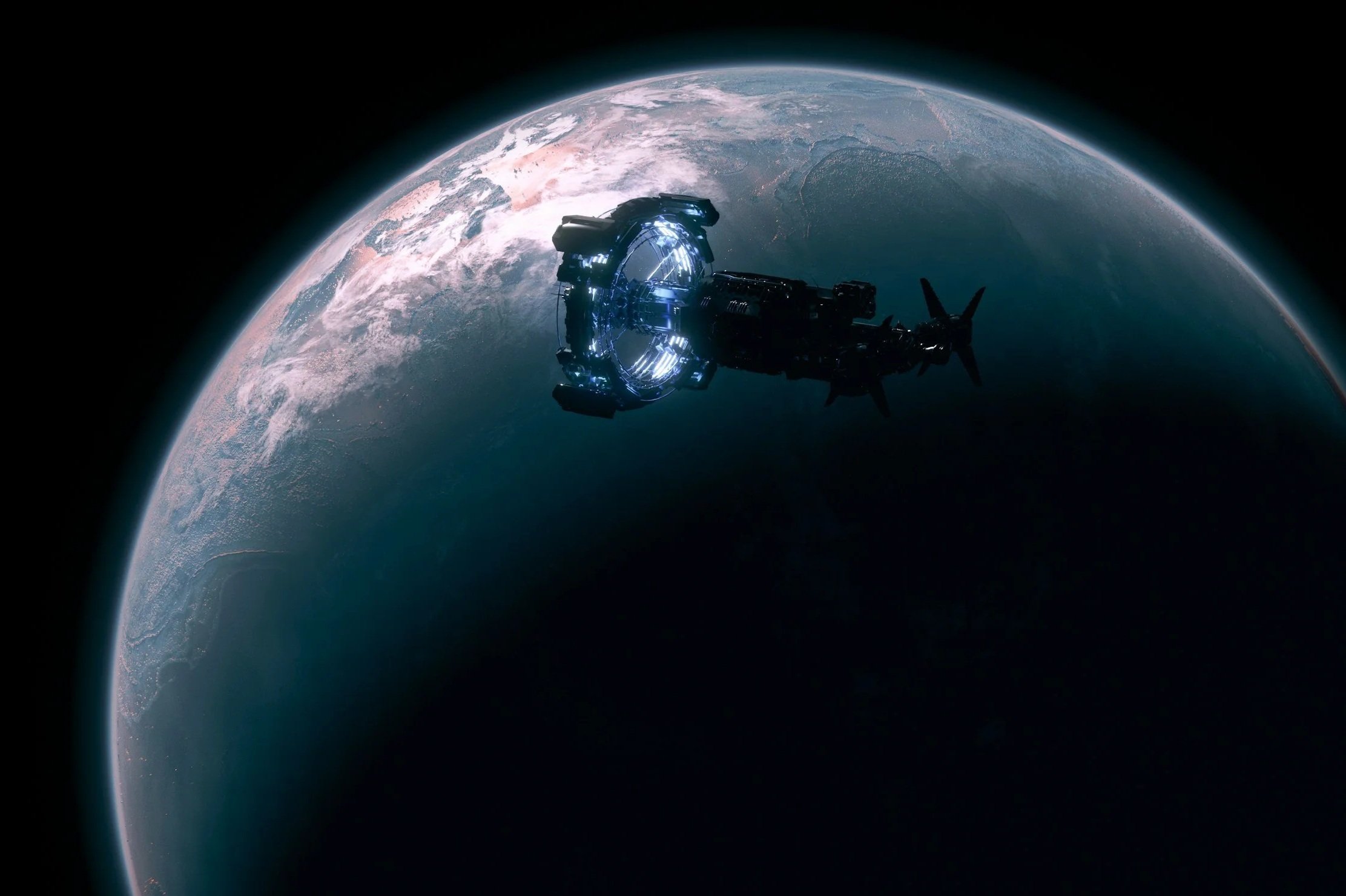 A spacecraft orbiting Earth in space, with the planet's land and cloud formations visible below.