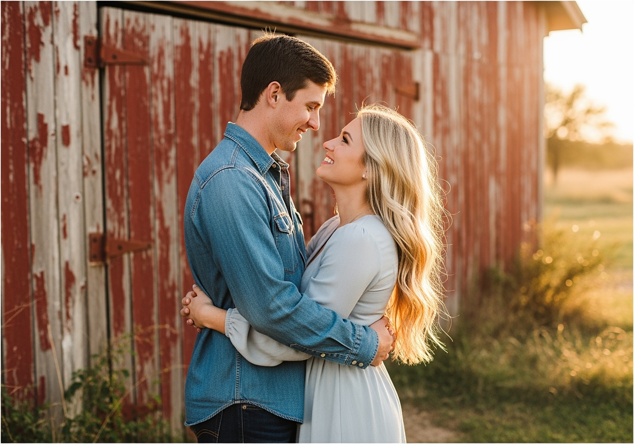 A couple standing close together, smiling and looking into each other's eyes, outdoors near a rustic red barn during sunset.