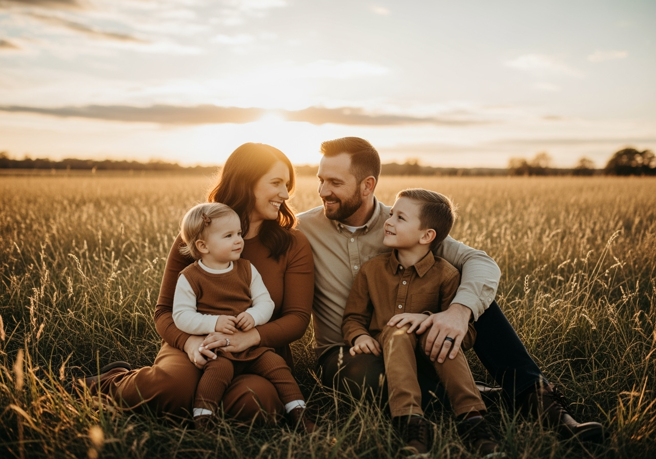A family of four sitting in a field at sunset, smiling and looking at each other, with a man, woman, boy, and girl all dressed in brown tones.