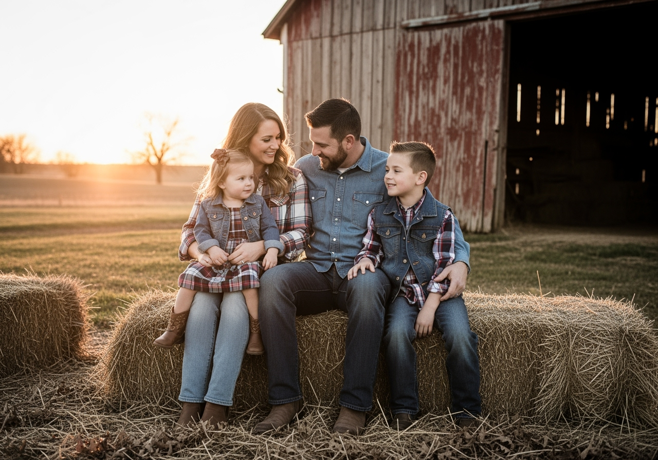 Family of four sitting on hay bales near a barn during sunset, smiling and dressed in plaid and denim.