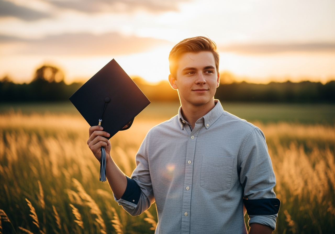 Young man holding a graduation cap in a field during sunset.
