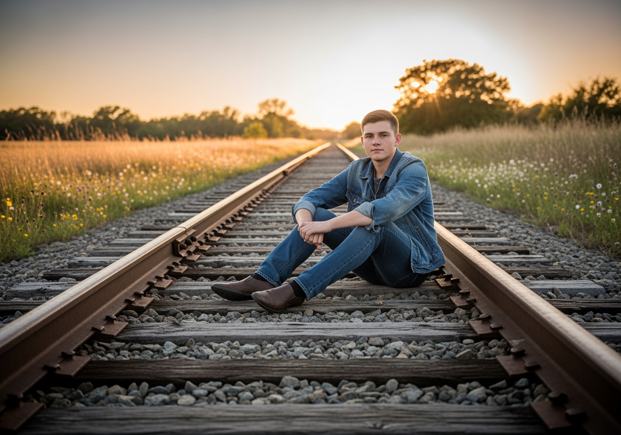 A young man sitting on a railroad track during sunset, wearing a denim jacket and jeans, with fields of wildflowers on either side.